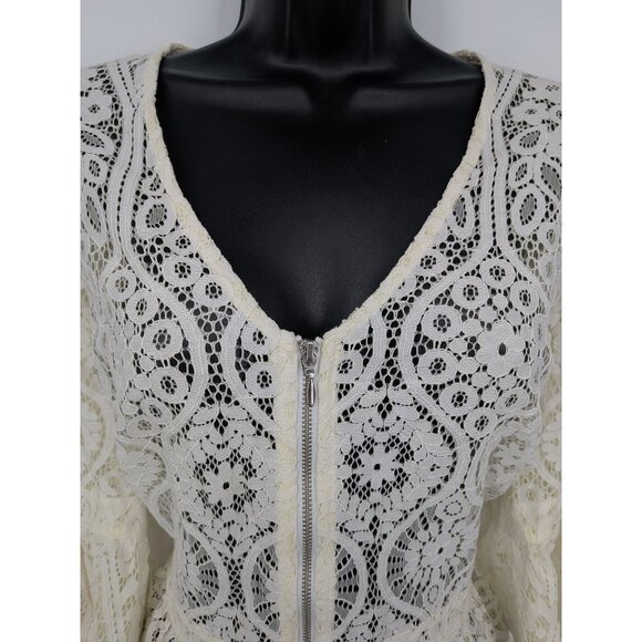 Chicos Sheer Lace Peplum Top Size M Zip Up Bell Sleeve Floral Feminine Romantic - Picture 4 of 11